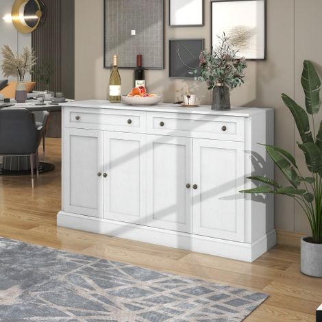 Buffet (150x40x86cm)- Grand Rangement Meuble Bar Café avec 4 Portes 2 Tiroirs Barn Door - Style Fermier Moderne Bois Blanc pour Cuisine et Salle à Manger, Meuble de Rangement