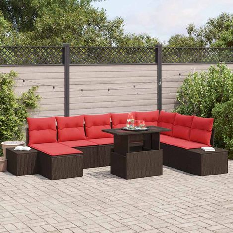 vidaXL Gartensofa-set mit Kissen 9 pcs Braun und Rot Poly-Rattan (1/5)