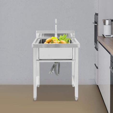 Évier de cuisine sur pied en acier inoxydable avec robinet et conduite d'eau, argenté, 60 x 60 x 80 cm, pour cuisine, jardin, extérieur (1/5)