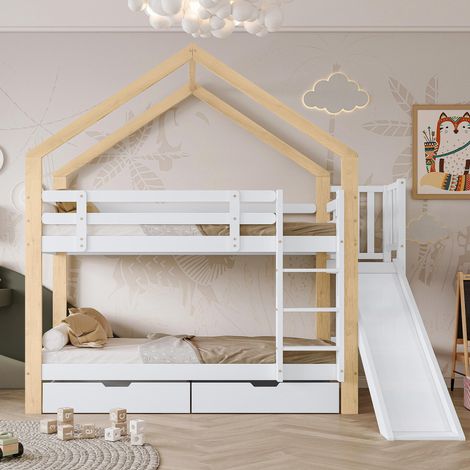 Lit superposé avec toboggan et échelle inclinée à trois marches, lit cabane avec barrière de sécurité et 2 tiroirs, cadre de lit en bois massif, blanc et naturel, 90x200cm, garantie 2...