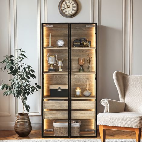 Meuble de salle de bain 73 cm naturel en MDF avec LED, portes en verre dépoli et rangement modulable (1/5)