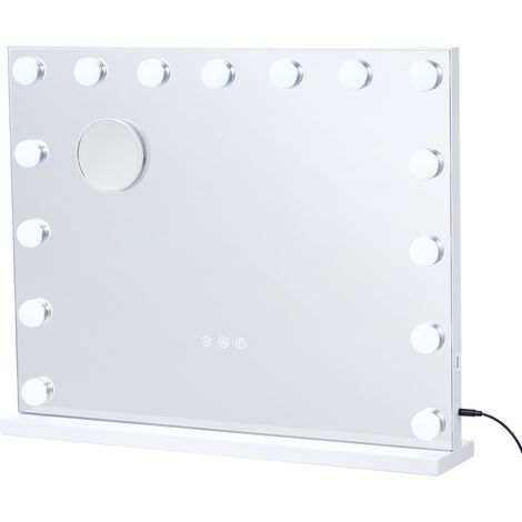 Mophorn Specchio da toeletta Hollywood con luci - 22,8x18,1 pollici, bianco. 15 lampadine dimmerabili, 3 modalità colore. Ingrandimento 5X staccabile. Porta USB. Controllo Smart Touch.