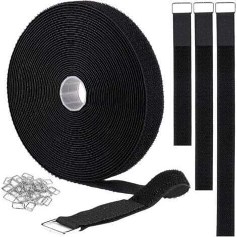 2.5CM x 5M Attache Câble Scratch, Non Adhésif Serre Câble Bande avec 25 Bouton en Métal, Attaches de Câble Réutilisables Réglables pour Ranger et Organiser Tous Les Câbles, Noir (1/5)