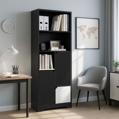 Libreria multifunzionale nera con vani aperti, ante e cassetti, 60 x 35 x 160 cm, OKWISH (1/5)
