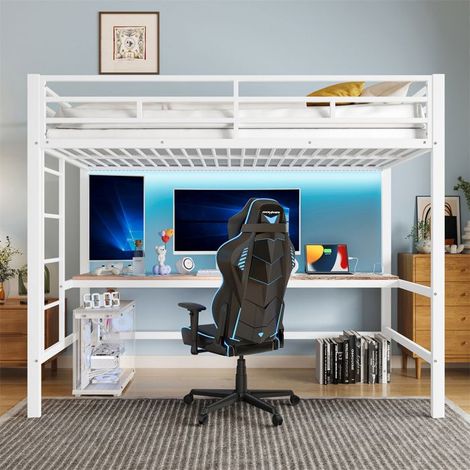 Lit mezzanine - 90 x 200 cm - Garde-corps & escabeau - Table avec USB/prise - LED intégrée