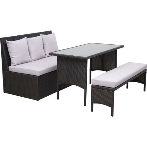 Poly-Rattan Garnitur HHG-860, Garten-/Lounge-Set Sitzgruppe, Gastronomie 2er Sofa Tisch Bank schwarz, Kissen hellgrau (1/5)