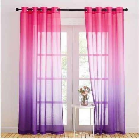 Fenstergardinen mit Ösen aus hübschem, farbverlaufendem Leinenvoile für eine romantische Wohnzimmeratmosphäre, fertig zum Aufhängen, 140 x 220 cm, Fuchsia/Lila, 2er-Set (1/5)