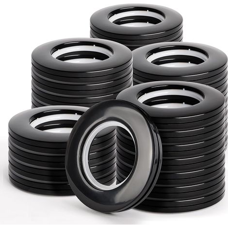 Anneaux de rideaux en plastique rigide de 40 mm avec œillets renforcés – 32 pièces, noir profond, pour tringle ronde, rideau de fenêtre/salle de bain (1/5)