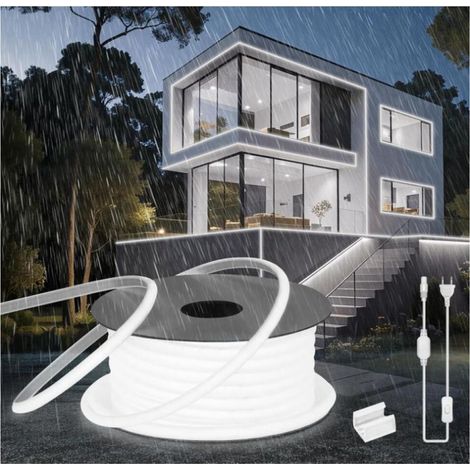 Neon Bandeau Led Exterieur 20m COB Silicone Néon Ruban LED 220V Exterieur Etanche Ignifuger IP65 Bande LEDs DIY Flexible Blanc Froid 6000K Découpable Rubans à Leds 288LED/m Avec Alimentation