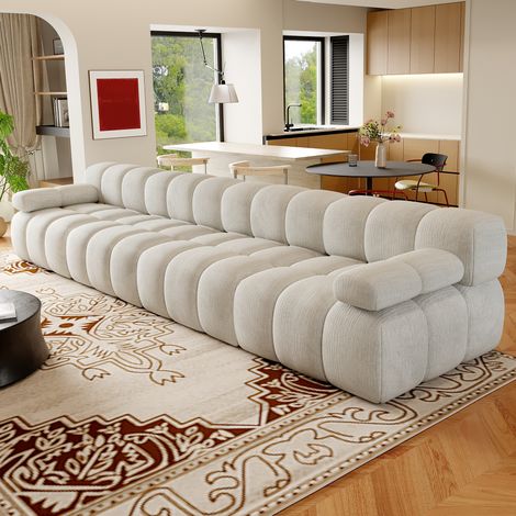 Divano lineare 400x100 cm in tessuto ciniglia bianco senza montaggio -CHICFURN (1/5)