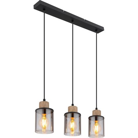 Pendellampe Esstischleuchte Hängelampe Wohnzimmer 3 flammig, Metall schwarz Holz braun Glas rauch, 3x E27, LxH 55x 120 cm