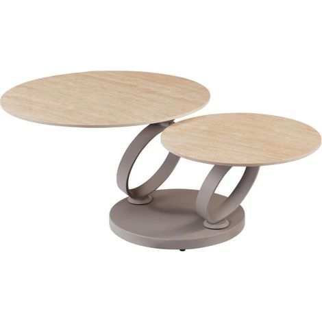 Tavolino basso SOLYNE 135 cm beige effetto travertino con piani rotanti e struttura taupe (1/5)