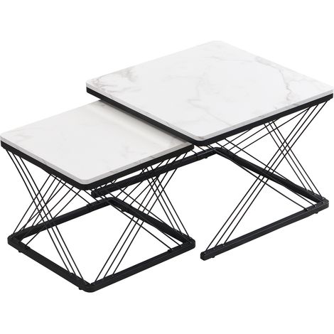 Ensemble de 2 tables basses carrées avec plateau effet marbre brillant, pieds réglables, MDF blanc, 60x60x45 cm & 45x45x40 cm (1/5)