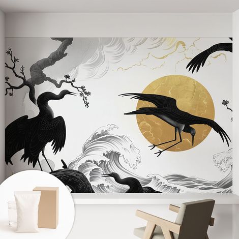 Papier peint intissé pour salon chambre à coucher peint imprimé Installation facile - Colle incluse gratuite Grues noires 152x104 cm (1/5)