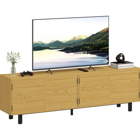 180 cm hoher TV-Ständer, TV-Möbel für 82-Zoll-Fernseher mit 4 Push-to-Open-Türen, 180 x 35 x 55,5 cm, Naturholz