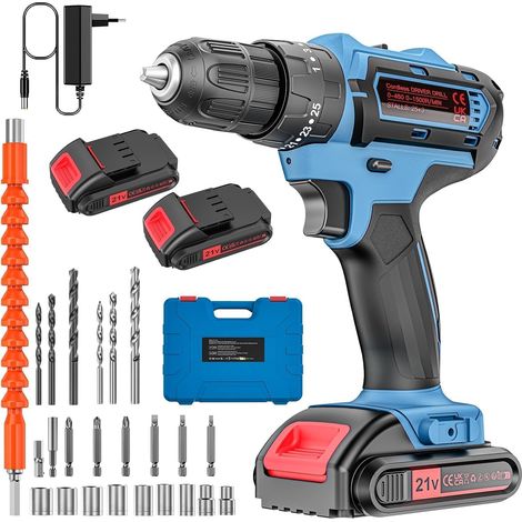 21V Cordless Drill with Case – Complete Kit: 2 x 2000 mAh Batteries, 2 Speed, 25 + 3 Pairs, 10 mm Chuck (1/5)
