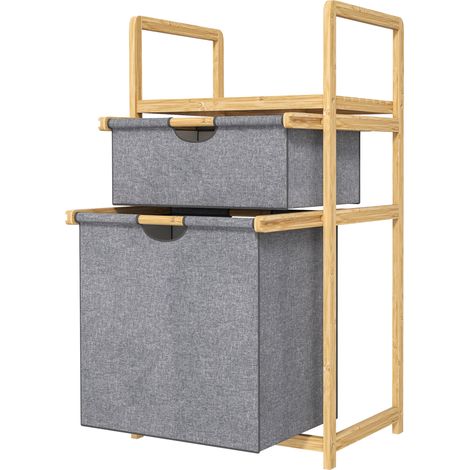 Panier à linge en bambou corbeille à linge sale avec 2 sacs en tissu coulissants et étagère à lattes, naturel (1/5)