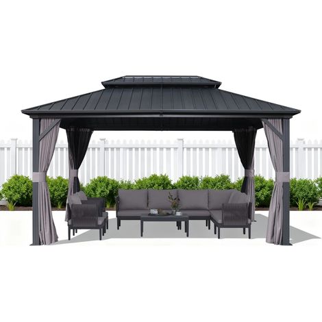 PURPLE LEAF 4.25 x 3 m Pergola Économique de Jardin en Aluminium à Toit Rigide, Tonnelle avec Moustiquaire et Rideaux, Pavillon Double Toit, Gris