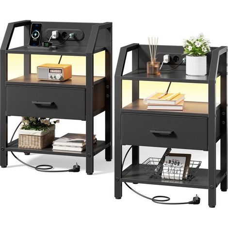 Comodino - Set di 2 - Prese e porte USB - Cassetto in tessuto - Striscia luminosa LED