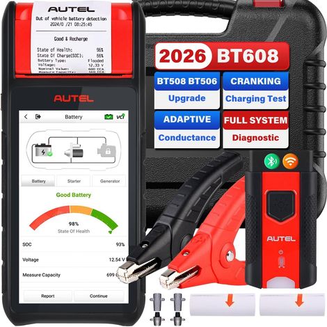 MaxiBAS BT608 (E) Testeur Batterie Voiture, 2026 Up of BT508/ BT506, Conductance Adaptative (Valeur 1000+), Test Charge Démarrage comme BT609, Réinitialisation Batterie, Systèmes Complets MK808S (1/5)