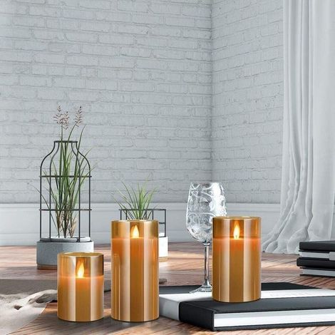Flammenlose LED-Flackerkerzen mit Fernbedienung und Timer, 4, 5 und 6 Zoll, 3er-Set batteriebetriebene elektrische Kerzen (gold) (1/4)