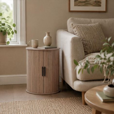 Grova Wooden Tall Round Side Table Cabinet with Tambour Storage Doors - Walnut (1/5)