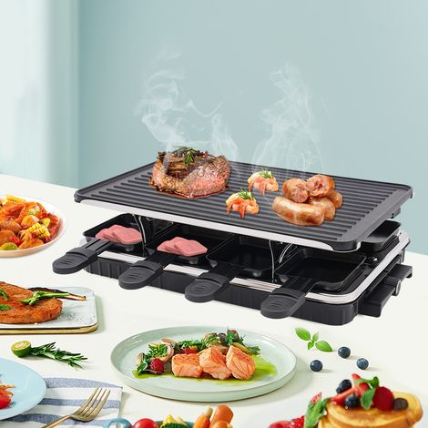 Grill à raclette, grill d'intérieur électrique sans fumée, barbecue coréen de table, plaque de cuisson électrique 2 en 1 antiadhésive avec 8 poêlons à raclette, contrôle de température réglable, 1300