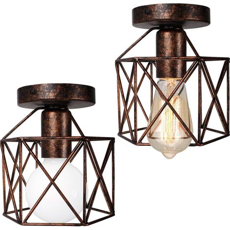Lot de 2 Plafonnier Industrielle en Métal Cage Carré, 15CM Lustre Abat-jour Fer Luminaire E27 Noir pour Salon Chambre Bar (Hexagone) [Classe énergétique A] (1/5)