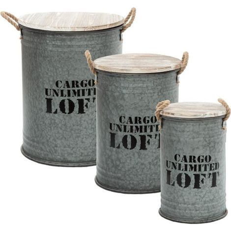 Lot de 3 Coffres Bidon Design "Loft" 51cm Gris (1/5)