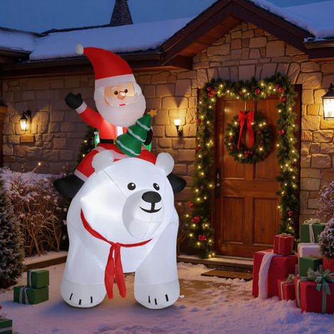 Père Noël gonflable sur ours polaire 200 cm, 5 LEDs, déco de Noël pour maison et jardin, blanc, taille géante (1/5)