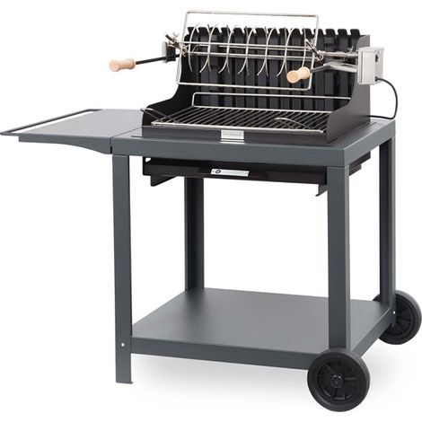 Le Marquier – Barbecue à charbon avec chariot en acier noir – Grille inox 54 x 32 cm – Capacité jusqu'à 10 personnes – Foyer vertical pour cuisson saine