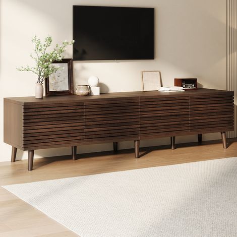 Mobile TV 180x40x46 cm per TV fino a 75 pollici, 4 ante effetto rattan, contenitore, colore noce (1/5)