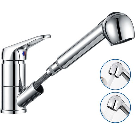 Auralum Grifo de Cocina Extraíble con 2 Modos de Rociador, Grifo Cocina de Latón Giratorio 360° Grifo de Fregadero Monomando Mezclador para Agua Frío y Calor Disponibles, Cromado (1/5)