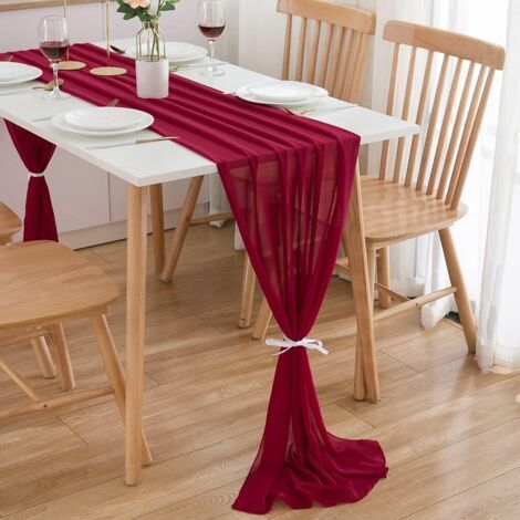 Chemin de table en mousseline rouge, 300 x 70 cm, idéal pour un mariage ou un anniversaire. (1/5)