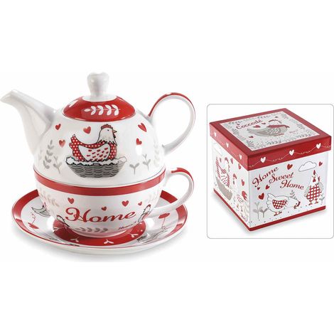 Set tasse, théière et soucoupe en porcelaine décor petite poule en coffret cadeau, lot de 2, 16 x 10,5 x H. 13,5 cm