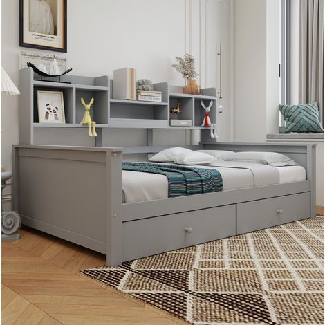 Lit enfant 90x200 cm en bois gris avec tiroirs, gain de place, sans matelas – MEUBLIV (1/5)