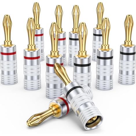 6 Paires Fiches Bananes, Laiton Plaqué Or 24K, Double Vis, Câble Haut-Parleur, Home Cinéma