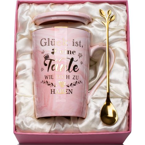 Tasse cadeau pour tante anniversaire marbre tasse en céramique 400 ml avec couvercle, cuillère, carte de vœux, boîte cadeau, rose (1/5)