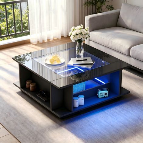 Table Basse Ronde - 70x70x30cm - Carrée Éclairage LED APP Plateau Verre Central Effet Brillant Salon - Noir (1/5)