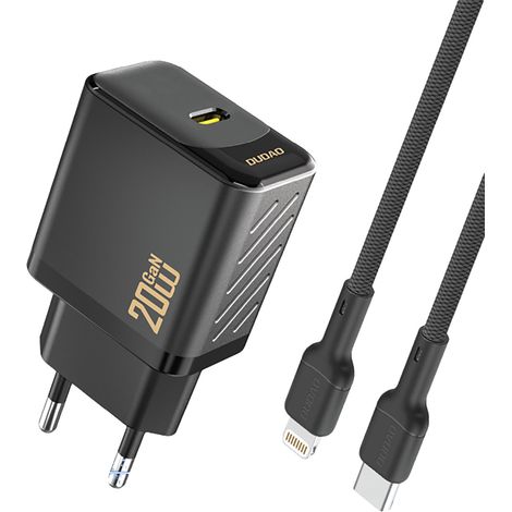 USB-C-Wandladegerät mit USB-C-Kabel – iPhone Lightning GaN PD 20W – Schwarz