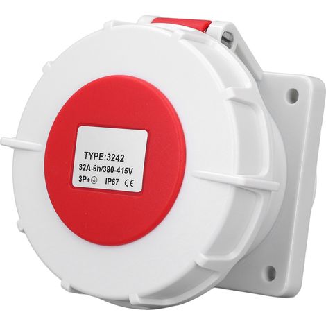 Prise industrielle encastrée 3 phases 4 broches 32A IP67 étanche ignifuge PP laiton nickelé 380-415V AC (1/5)