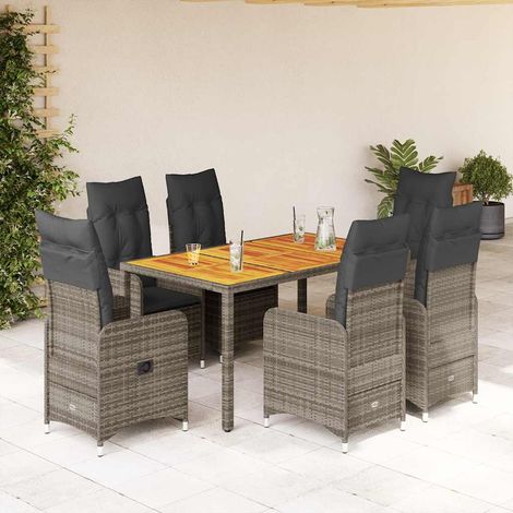 7-tlg. Garten-Bistro-Set mit Kissen Grau Poly Rattan (1/5)