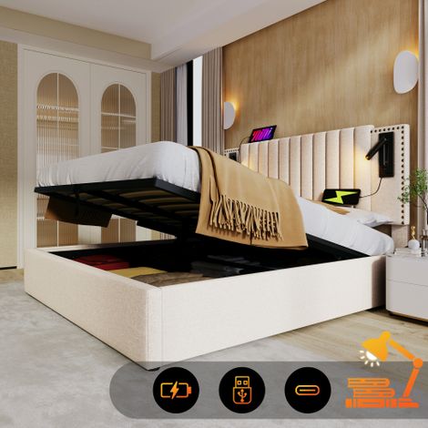 Polsterbett 160x200,Doppelbett Stauraum Bettkasten ,Leselicht mit USB Ladefunktion Kopfteil,Rückenlehne mit Nietendesign,Bett mit Lattenrost und Bettkasten, Baumwolle, Beige(Ohne Matratze)