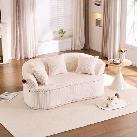 MODFU – Sofá de 2 plazas de pana 104 cm con diseño de sombrero de payaso y pompones rojos, detalles de cuernos y clavos decorativos – Blanco (1/5)