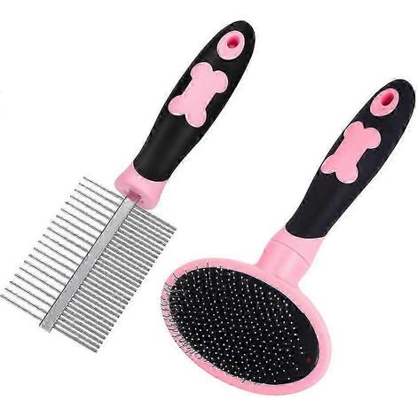 Kit de brosse et peigne de toilettage pour chiens, pour petits, moyens et grands animaux à poils longs (2 pièces roses) (1/5)