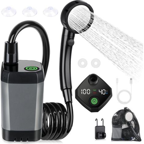 Douche de camping portable - Pompe de douche rechargeable 6000 mAh - avec écran LED intelligent - 4 jets - Kit de douche étanche IPX7 pour l'extérieur - Idéale pour la randonnée, les voyages, la voitu (1/5)
