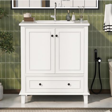 Mueble de lavabo 76x46x87 cm en MDF y cerámica blanco, con almacenaje FloraGrace (1/5)