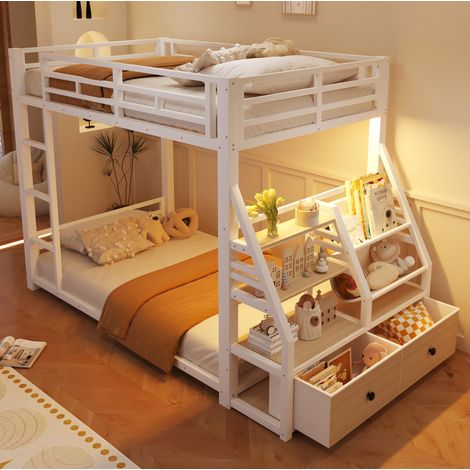 Cama litera (232x95x145 cm), con iluminación LED, 2 cajones de tela, madera y metal, blanca (1/5)