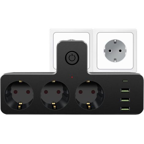 (noir)Multiprise murale 7 en 1 avec 3 ports USB et 1 port Type-C et interrupteur, multiprise à 3 prises pour la maison et le bureau