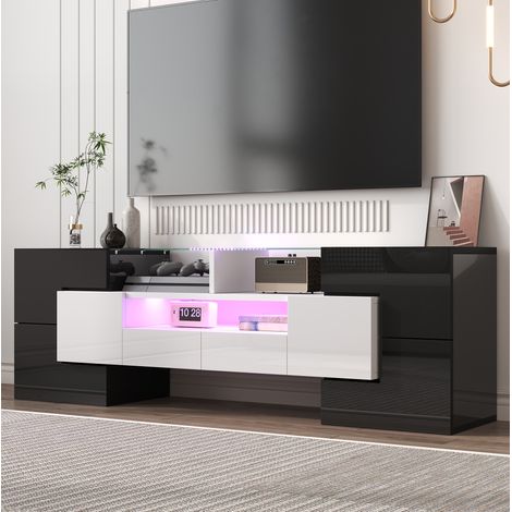 Mueble TV 145 x 30 x 51 cm con LED, superficie de vidrio, blanco brillo y cemento HAVRYA (1/5)